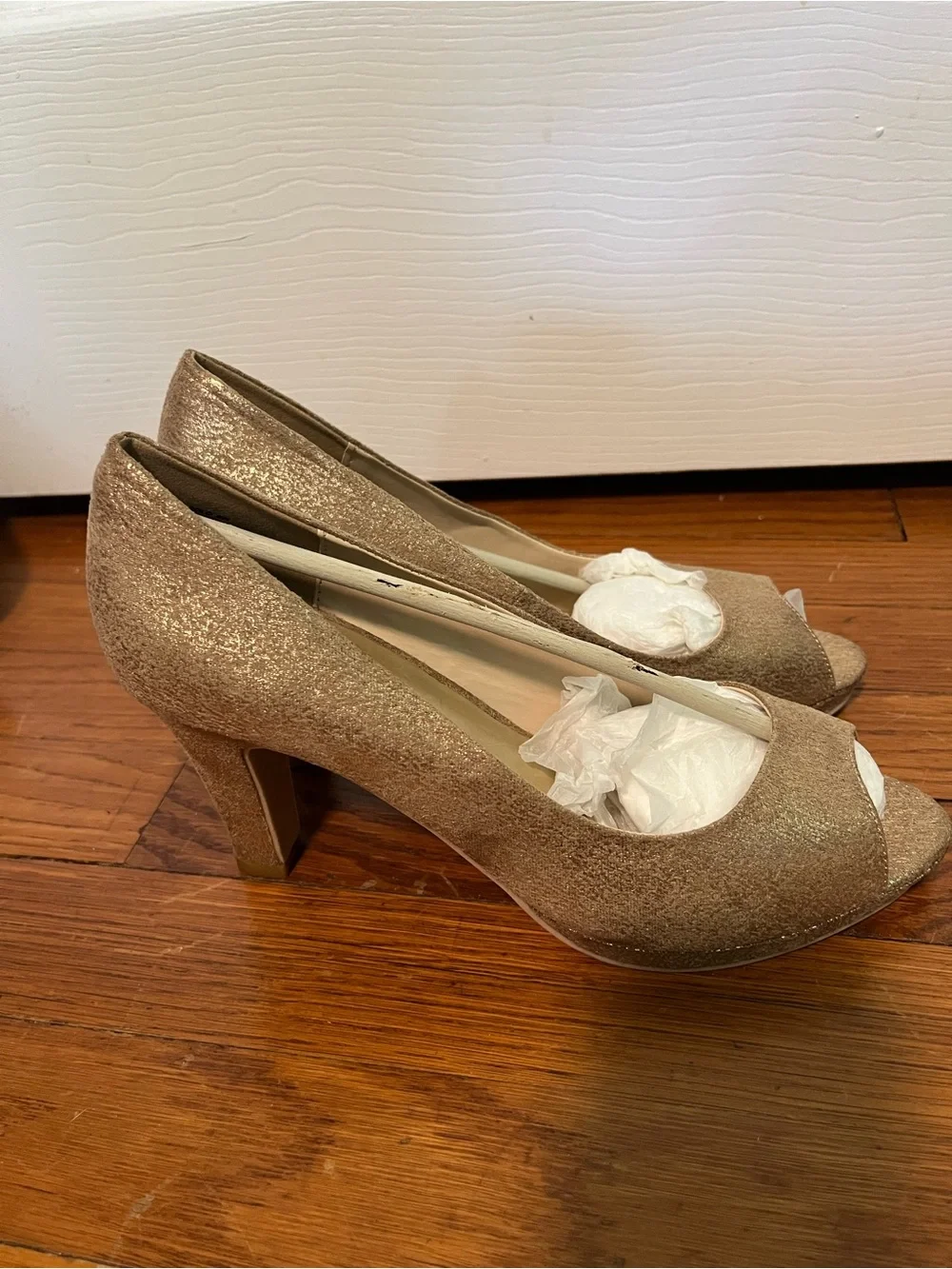 Lane Bryant Gold Glitter Peep Toe Pumps